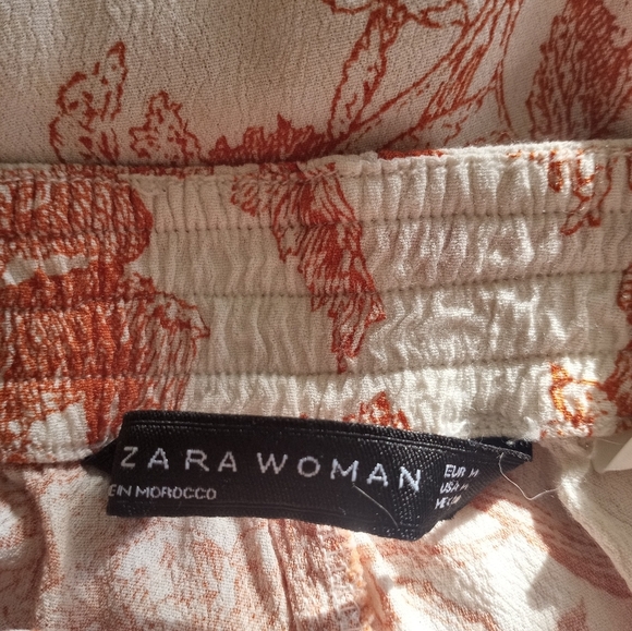 Zara Pastel Peach and Cream Toile Wide Leg Lightwight Flowy Coastal Silky Pant - Picture 8 of 8